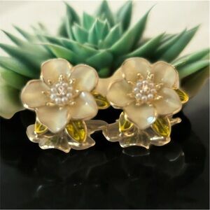 New Gold and Beige Pearl Shiny Magnolia flower Earrings- See photos for details